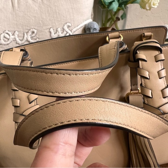 Tory Burch BROOKE Tan Leather Nubuck Sides Tassel Braided Handles Tote - Picture 14 of 17